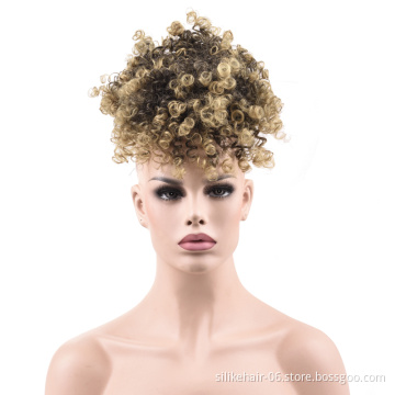 Brown Black Afro Kinky Curly Wig Ponytail Drawstring Short Pony Tail Warp Bun Chignon with Bang Synthetic Hair Extensions